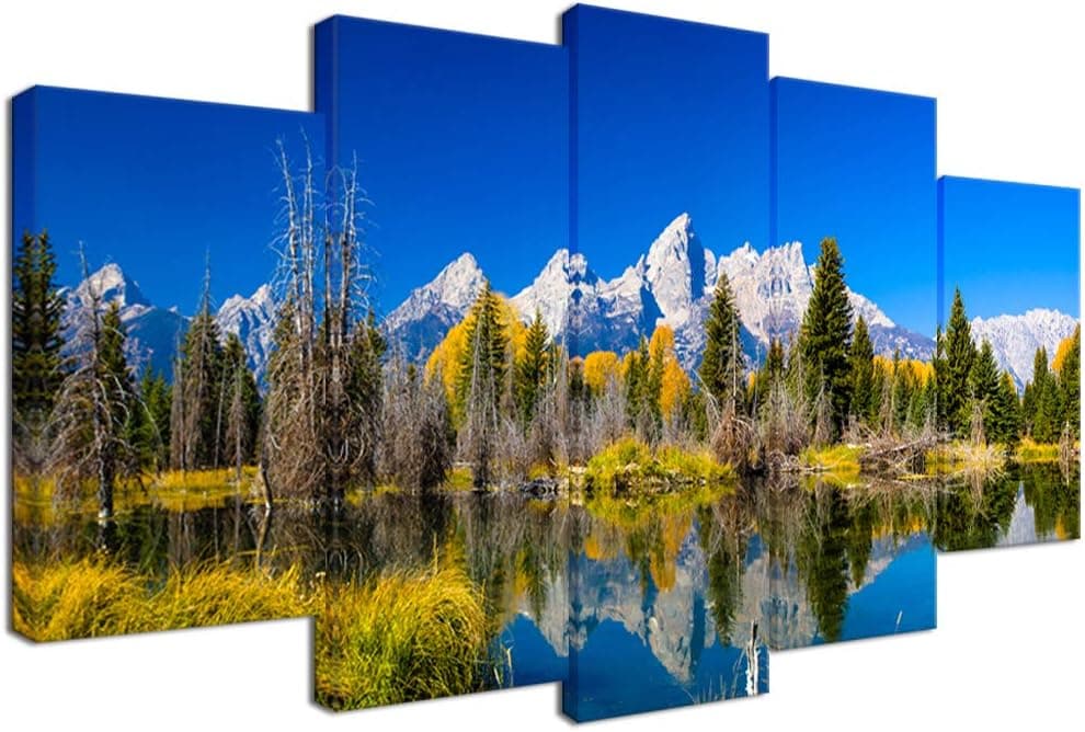 Visual Art Decor 5 Pieces Autumn Grand Teton National Park Picture Canvas Wall Art Snake River Oxbow Bend Wyoming Scenery Framed Prints Artwork for Living Room