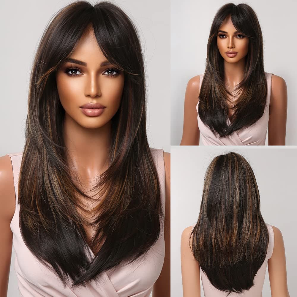 Allbell Brown Wigs for Women Highlight Wig with Bangs Layered Long Brown Blonde Straight Natural Hair Synthetic Wig