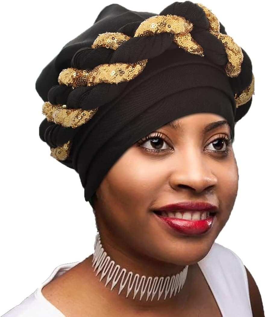 Woeoe Women's African Head Wrap Black Braid Turban Sequins Pre-Tied Head Scarf Beanie Cap Headwear