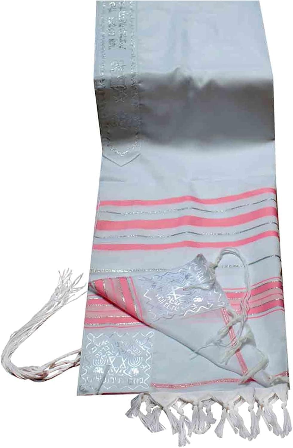 Talitnia Acrylic Tallit (Imitation Wool) Prayer Shawl Soft Pink and Silver Stripes in Size 24" Long and 72" Wide
