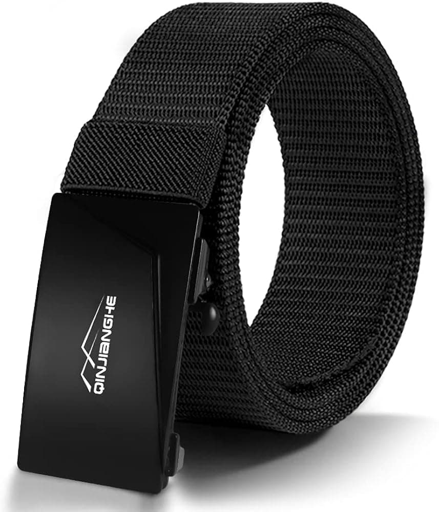 QINJIANGHE Men's Belt with Breathable Nylon Canvas Webbing and Quick-Release Ratchet Automatic Slide Buckle