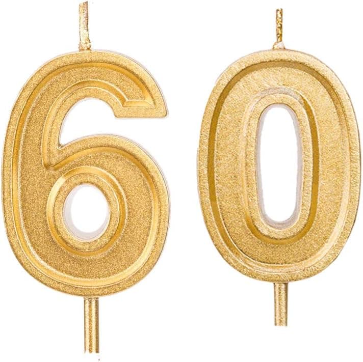 2.76 inch Gold 60th Birthday Candles,Number 60 Cake Topper for Birthday Decorations