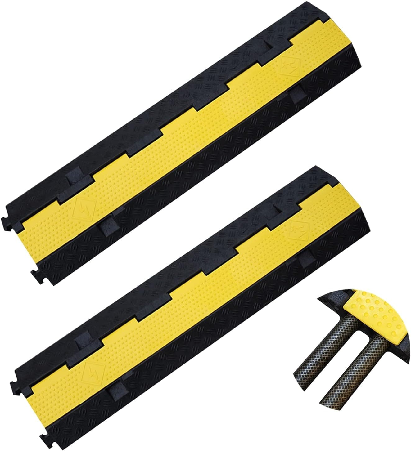 LH-GUARD 2Pack 2 Channel Rubber Cable Ramp Protector, 33000Lbs Load Capacity Cord Ramps Dual Channel, Heavy Duty Floor Cord Cover, Wire Ramps for Indoor and Outdoor