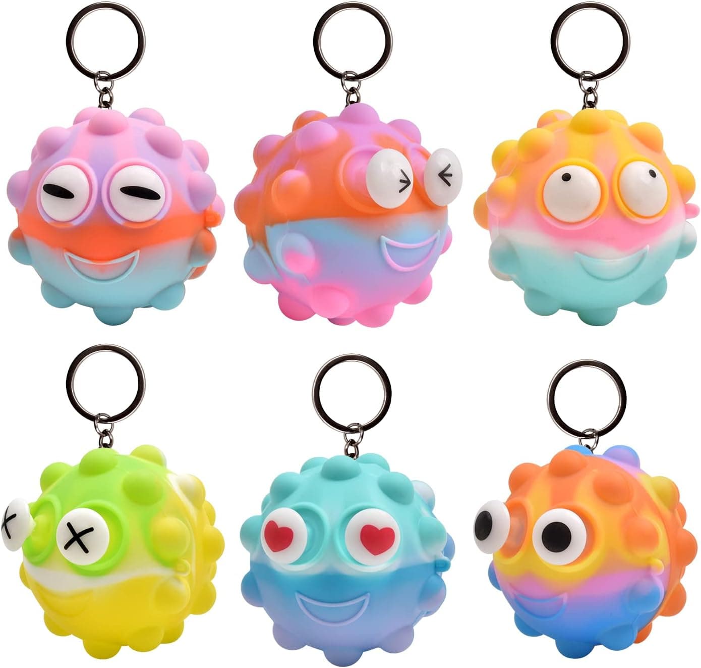 Pop It Ball Fidget Toys with Keychain, 6 Pack 3D Eyes Fidget Ball Sensory Toy for Kids,Stress Relief Squeeze Ball for Adults