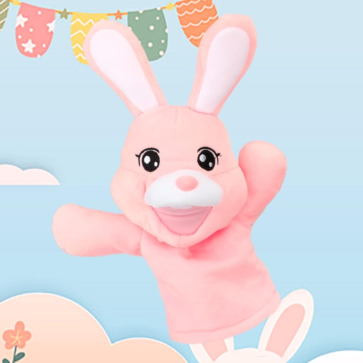 Easfan Bunny Hand Puppet Plush Rabbit Animal Toy with Movable Mouth for Role Play Storytelling Preschool Teaching Birthday Gifts for Kids Boys Girls Pink 14''