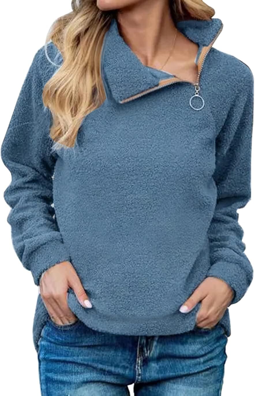 Amkoyam Women's Sherpa Pullover Long Sleeve Turtleneck Zip Warm Fleece Sweaters Sweatshirts Fuzzy Jackets Coat Outwear