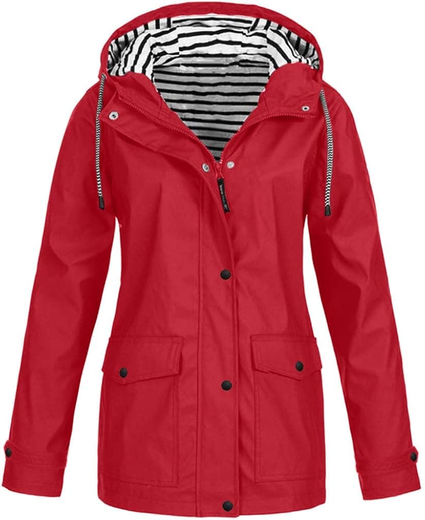 FAVIPT Womens Rain Coat Waterproof Lightweight Jacket Plus Size Zip Up Trench Coat Long Sleeve Hooded Outdoor Windbreaker