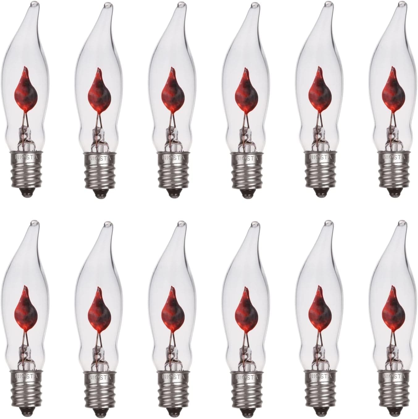 NIOSTA 12 Pack Flicker Flame Replacement Light Bulbs, C18 Clear Flame Flickering Lights for Indoor Outdoor Halloween Party Christmas Decor, 1W, C7/E12 Candelabra Base