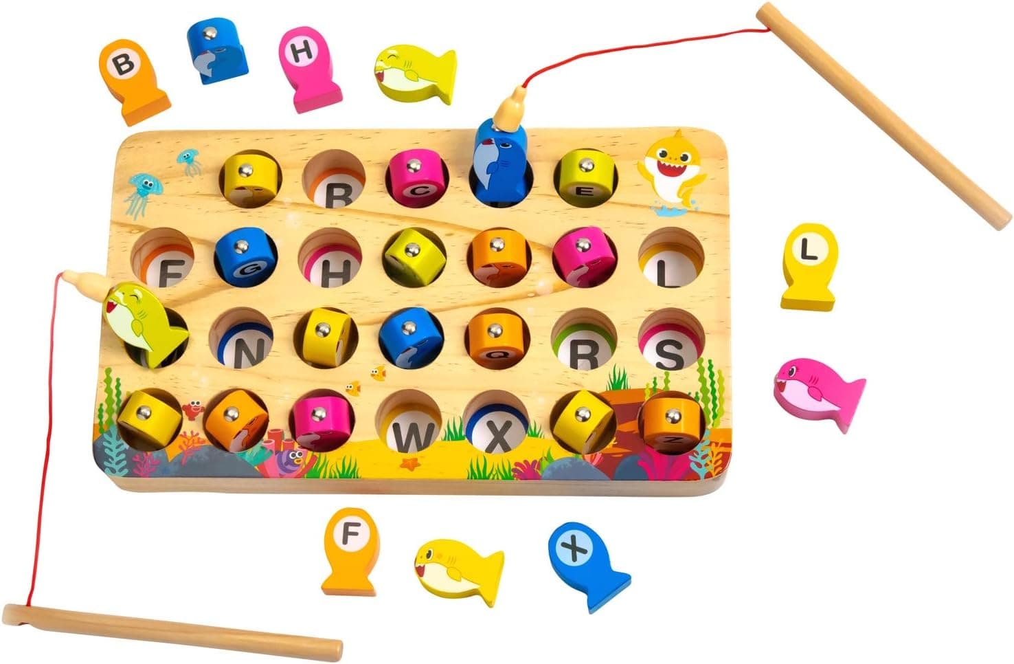 Baby Shark Toys - Wooden Magnetic Fishing Game - Fine Motor Skills Toy, Montessori Letters Learning with 2 Poles Years Old Birthday Gifts Boys Girls - ABC Alphabet Color Sorting Puzzle, by Pidoko Kids
