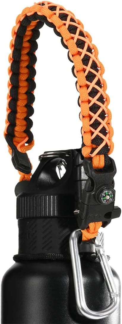 QeeLink Paracord Hande Compatible with Hydro Flask Standard Mouth Water Bottle Carrier with Safety Ring Holder | Simple Modern Ascent | Vmini Cell Strap - 12 oz, 18oz, 21 oz, 24 oz