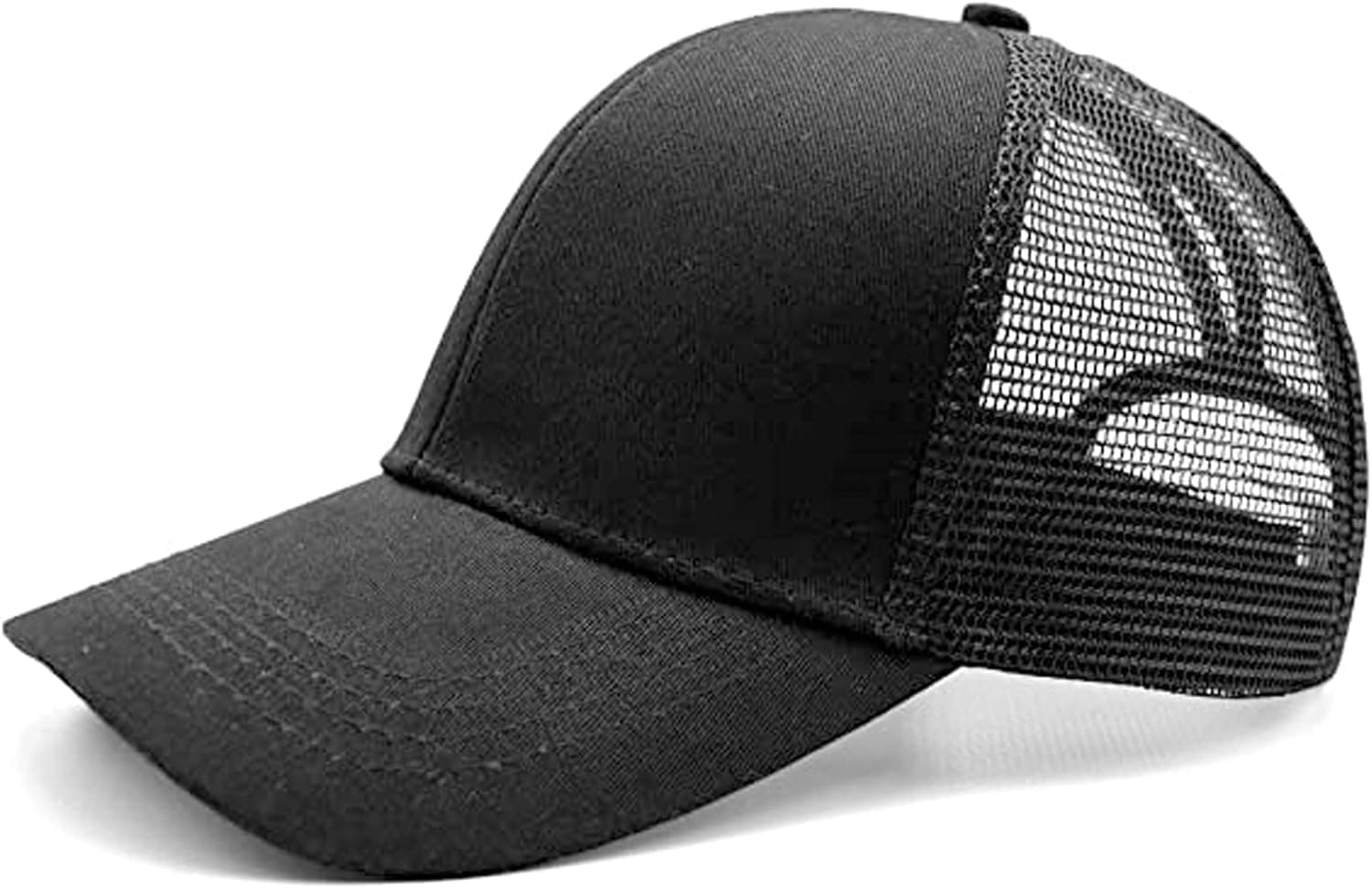 Baseball Cap Cap for Women Messy bun Cap Adjustable Cotton Ribbon net Hole Baseball Sun Cap（Black+White