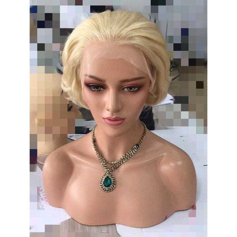 Choshim Hair Brazilian Human Hair Blonde Color 613 Short Wavy 13x4 Size Lace Front Wig Fashion Style Pixie Cut Natural Curly Front Lace Wig for Women 8inches