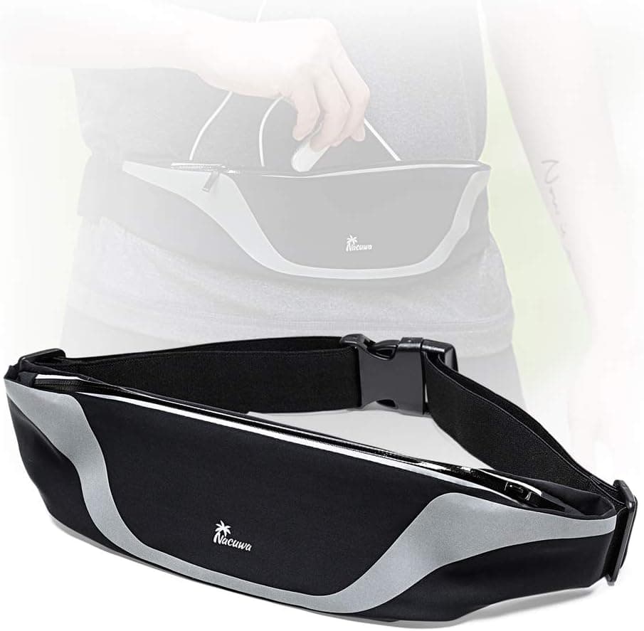 NACUWA Running Belt, Adjustable Waist Pack - Waterproof Runners Belt for Hiking Fitness - Reflective Waist Bag with 2 Pockets for Women, Men and Fits All iPhone 8/Xs/MAX Galaxy S9/Note9
