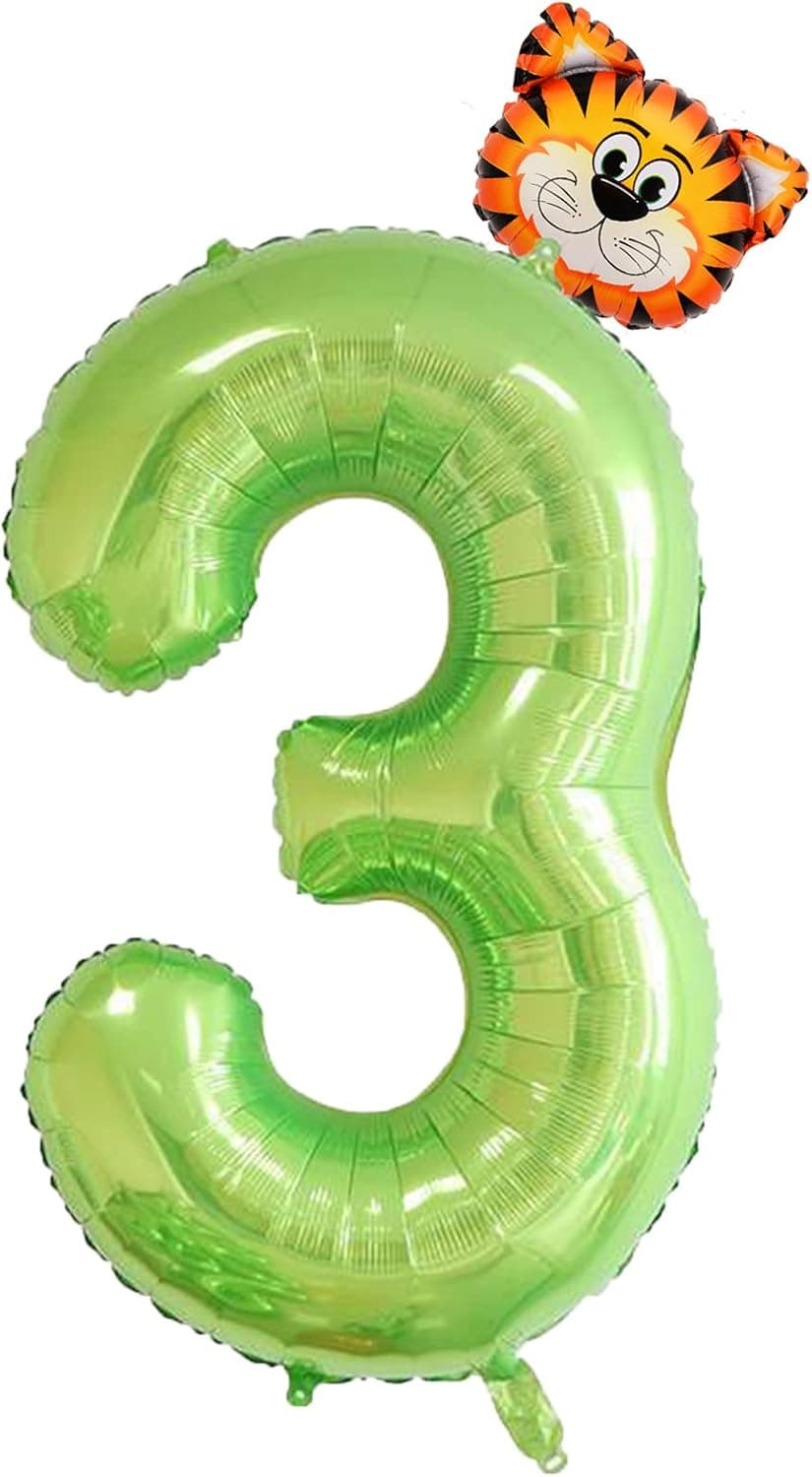 40 inch Green Number 3 Balloon & Mini Animal Balloons for Children Birthday Party Decorations, 3rd Birthday Animal Party Balloons Decoration, Jungle Theme Birthday Patry Balloons Decorations
