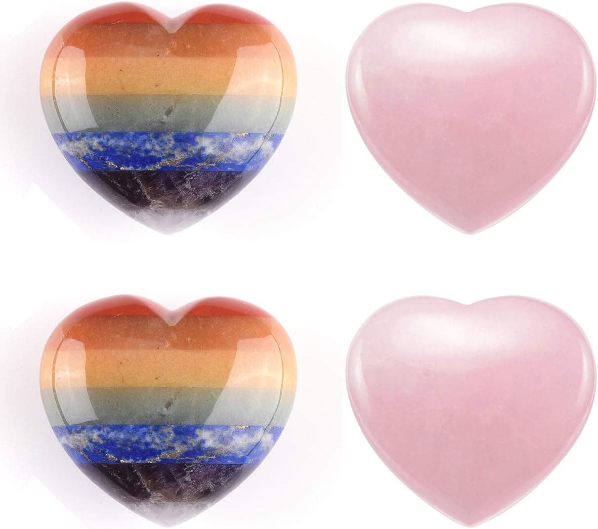 PESOENTH 1.6"-1.8" 7 Chakra Gemstone + Rose Quartz Crystal Puffy Heart Pocket Worry Palm Tumbled Stones for Chakra Energy Healing, Meditation, Massage and Decoration,Pack of 4
