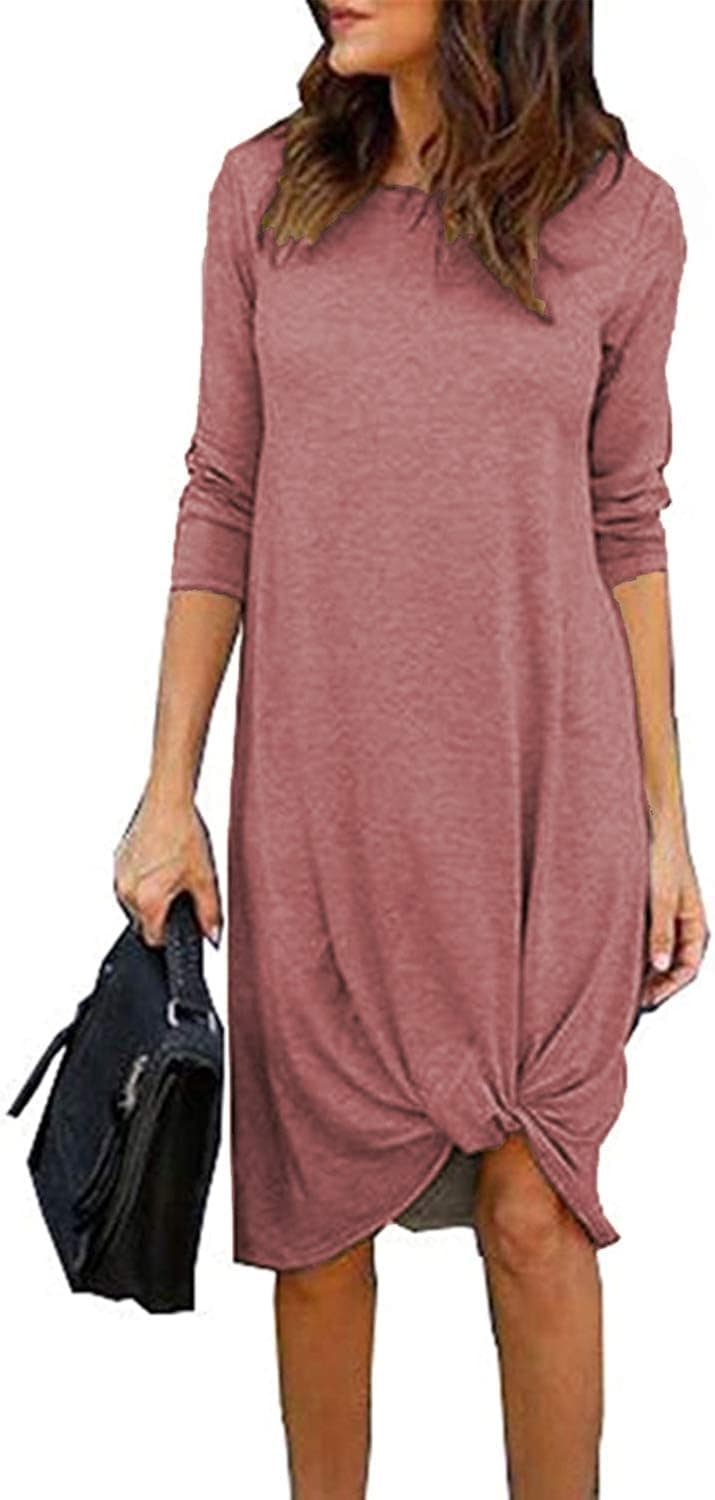Chvity Womens Casual Long Sleeve Twist Tie Front Knot Midi Dress T Shirt Fall Dresses