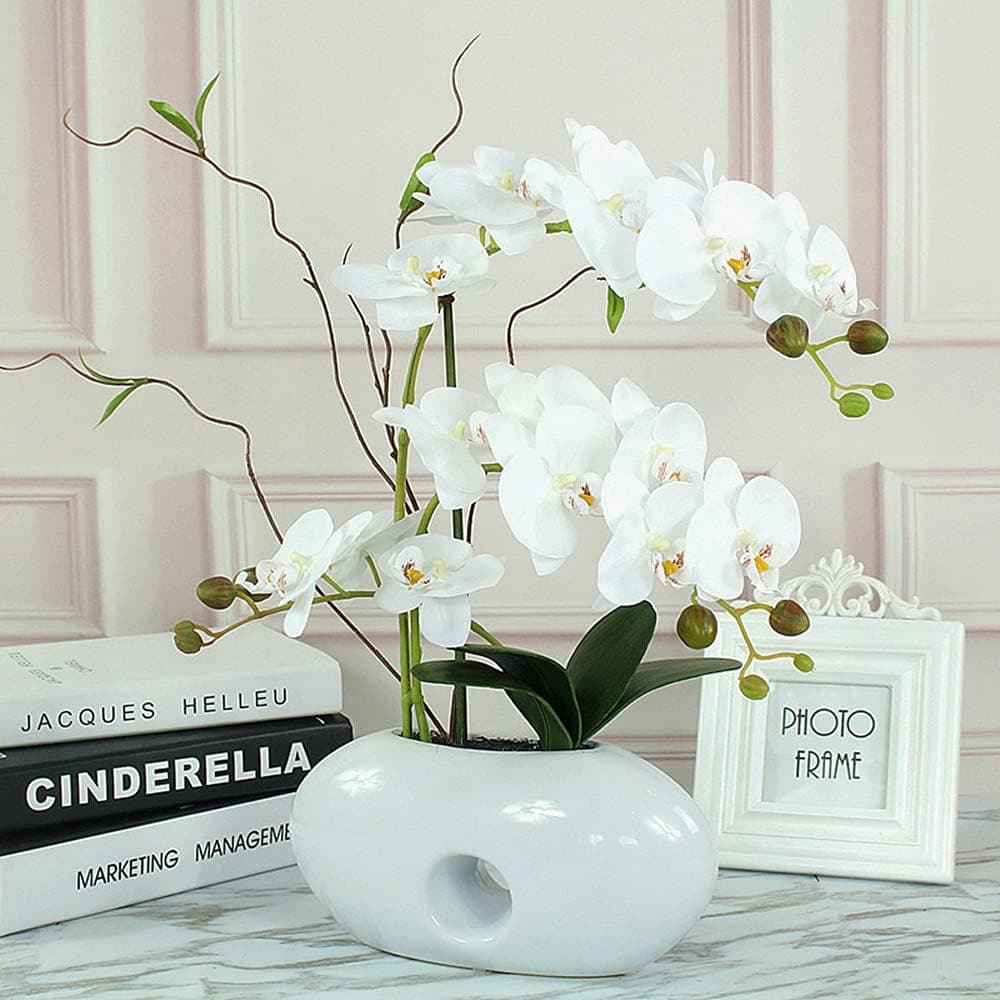 LIVILAN Faux Orchid White Artificial Flowers White Orchid Faux Indoor Fake Silk Orchid Phalaenopsis Orchids Plants for Home Decor Large with Ceramic Vase Office Table Centerpieces Hotel Decoration