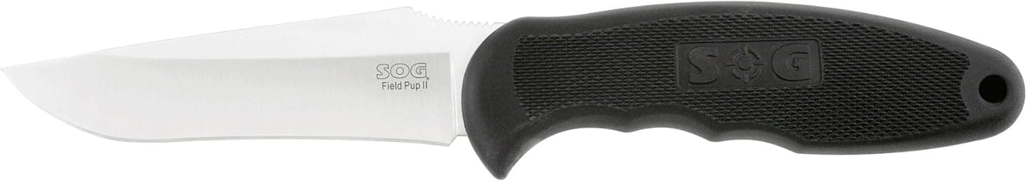 SOG Specialty Knives & Tools FP5L-CP Field Pup II Knife with Straight Edge Fixed 4.75-Inch Steel Drop Point Blade and Kraton Handle, Satin Finish
