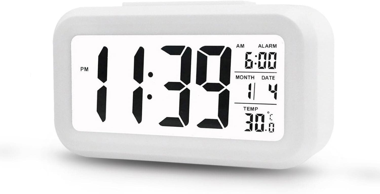 IEKA Alarm Clock, Digital Easy to Set and Watch with Large LCD Screen Low Light Soft Night Light Repeating Snooze Month Date & Temperature Display (White)