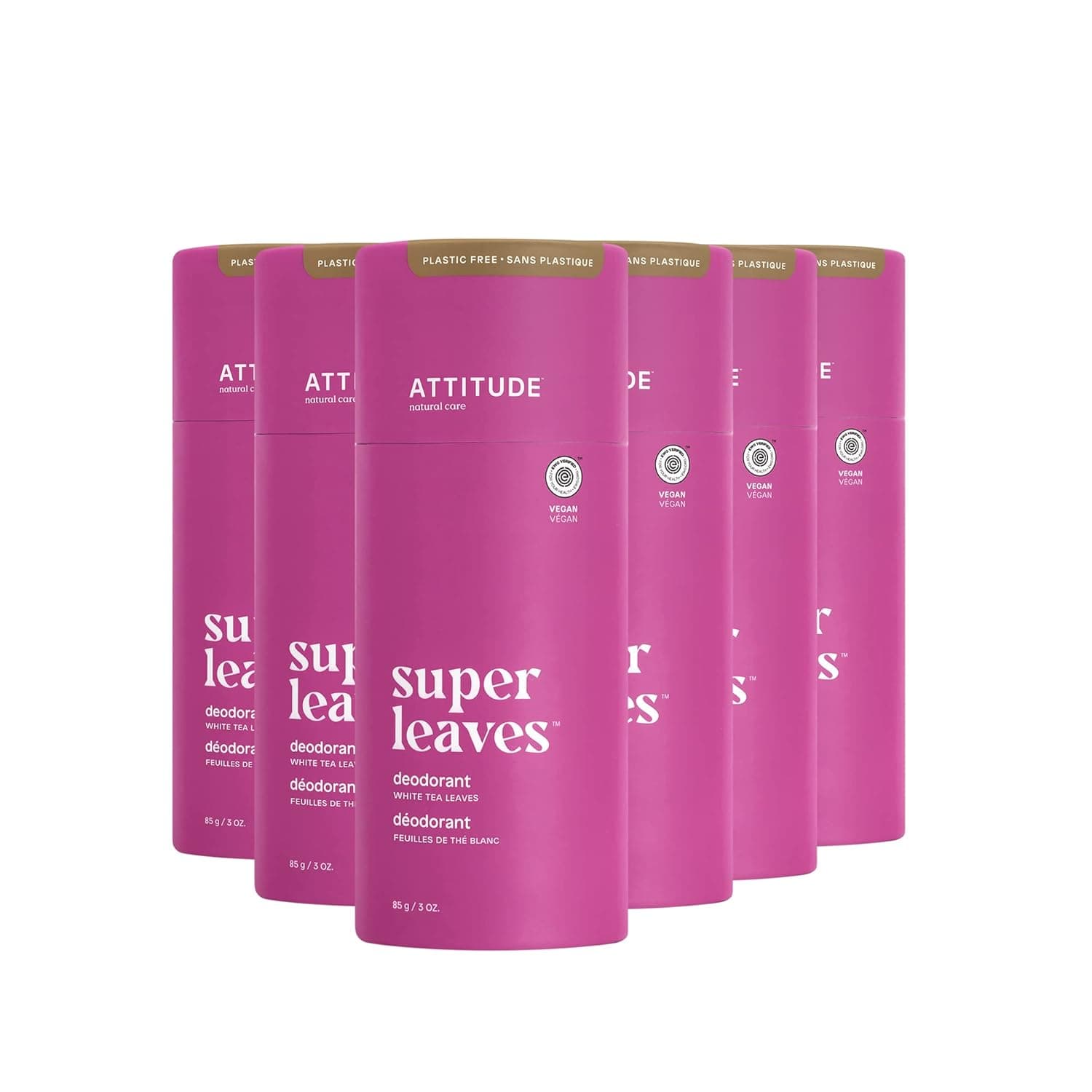ATTITUDE Plastic-Free Deodorant, Aluminum Free, Plant- and Mineral-Based Ingredients, Vegan and Cruelty-free Personal Care Products, White Tea Leaves, 3 Ounces (Pack of 6)