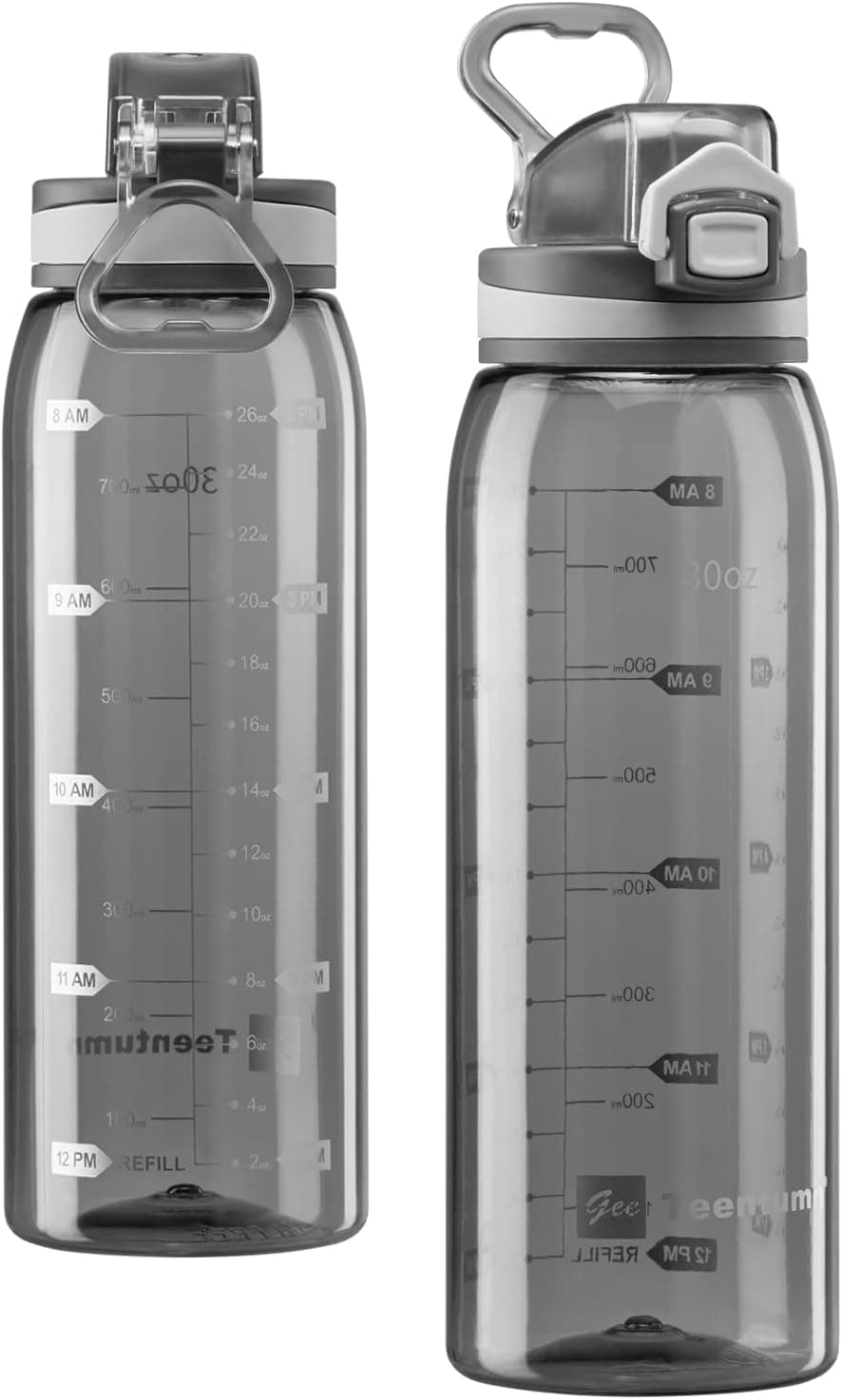 Teentumn 30oz Sport Water Bottle with Time Markers, Large Durable Gym Plastic Bottle Tritan BPA Free for Fitness, Outdoor Enthusiasts, Leakproof Clear Gray