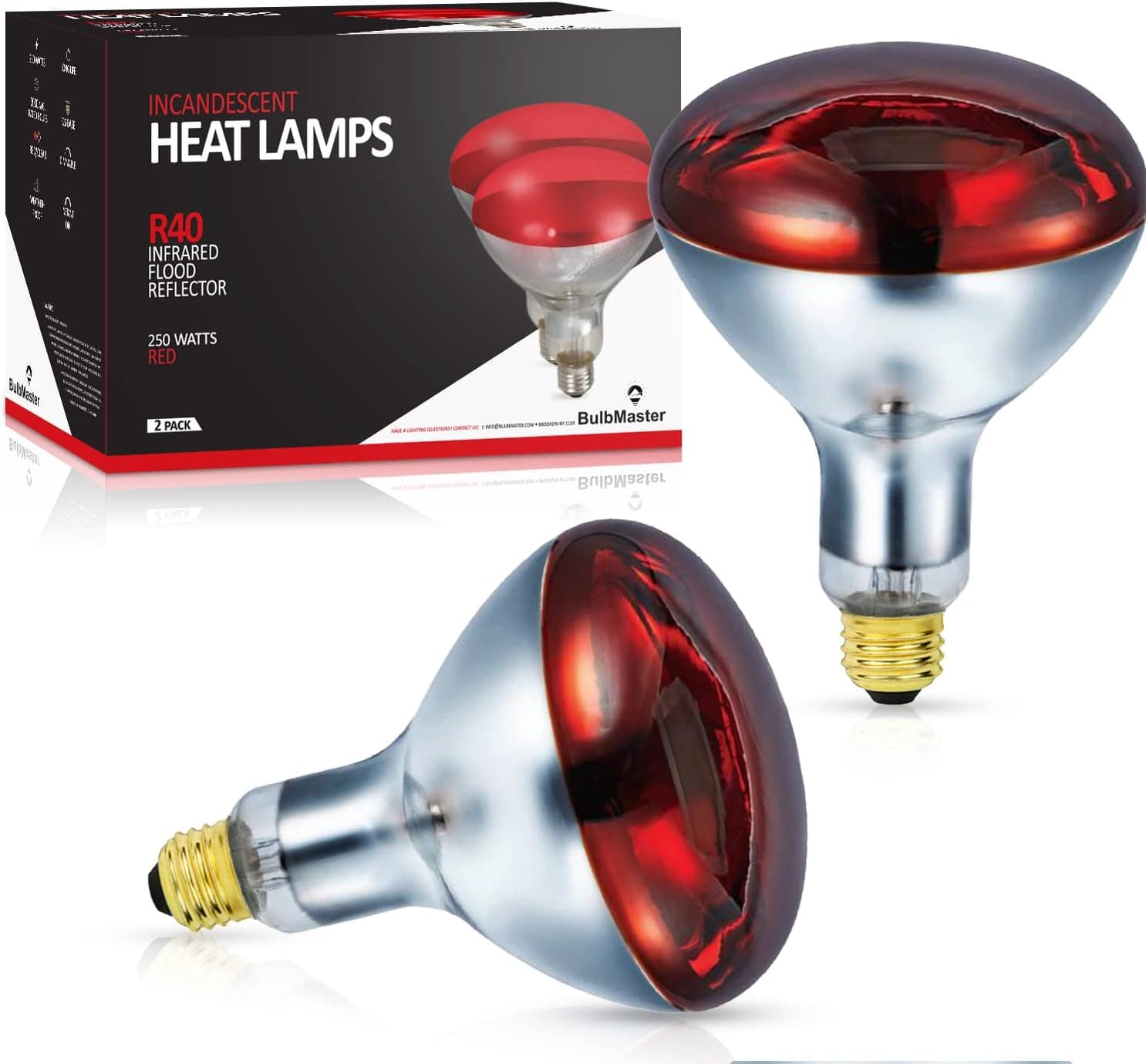 BULBMASTER 250 Watts R40 Red Heat Lamps Outdoor Bulbs for Pets Flood Light Bulb for Chickens Infrared Reflector 250W R40 Incandescent Medium E26 Base 2 Pack