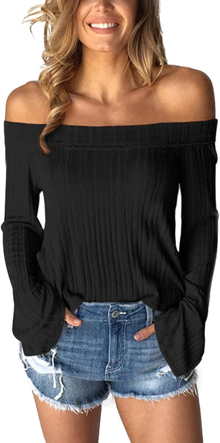 YOINS Women Top Off Shoulder Long Sleeves Blouse Solid Color Flared Sleeves Tops
