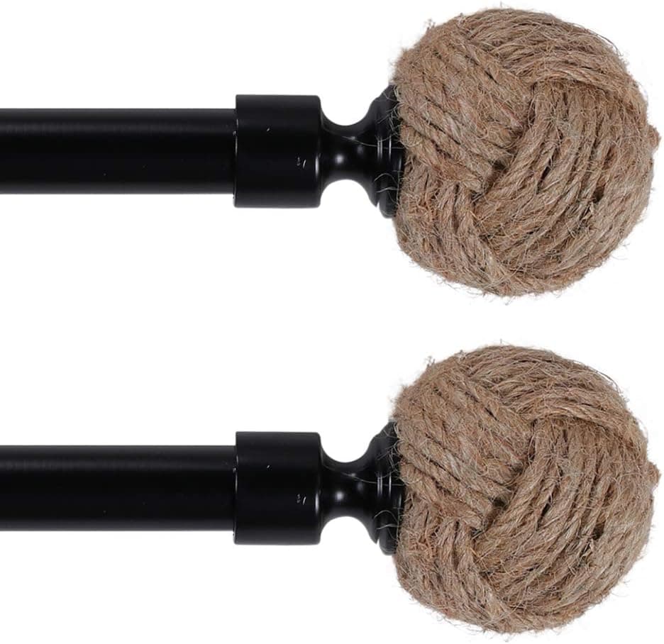 Decorative Curtain Rod for Windows 28 to 48-inch Single Window Treatment Rod Set with Classic Rope Knot Finial 3/4 Inch Diameter(Black,2 Pack)