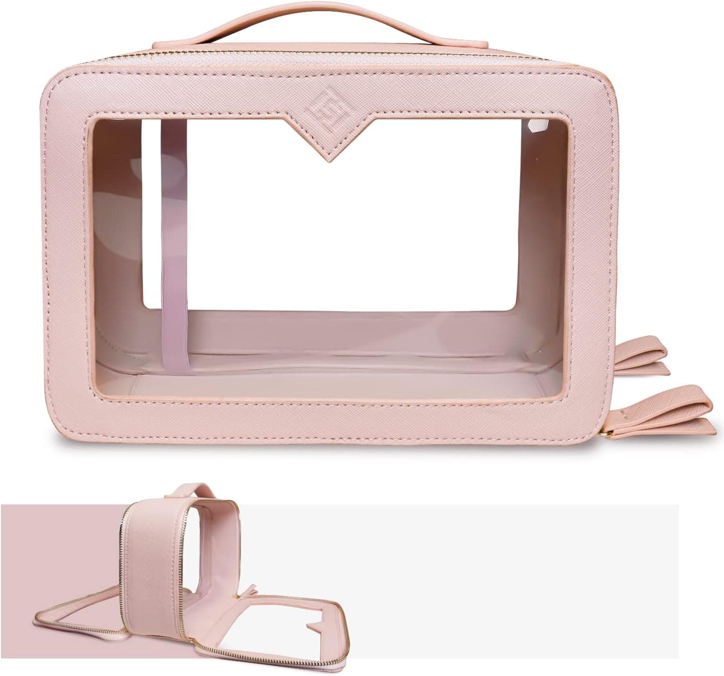 Hiwoss Clear Makeup Bag with Brush Organizer for Women,Travel Transparent Makeup Train Case with Top Handle,Double-sided Waterproof Storage Cosmetic bag Organizer