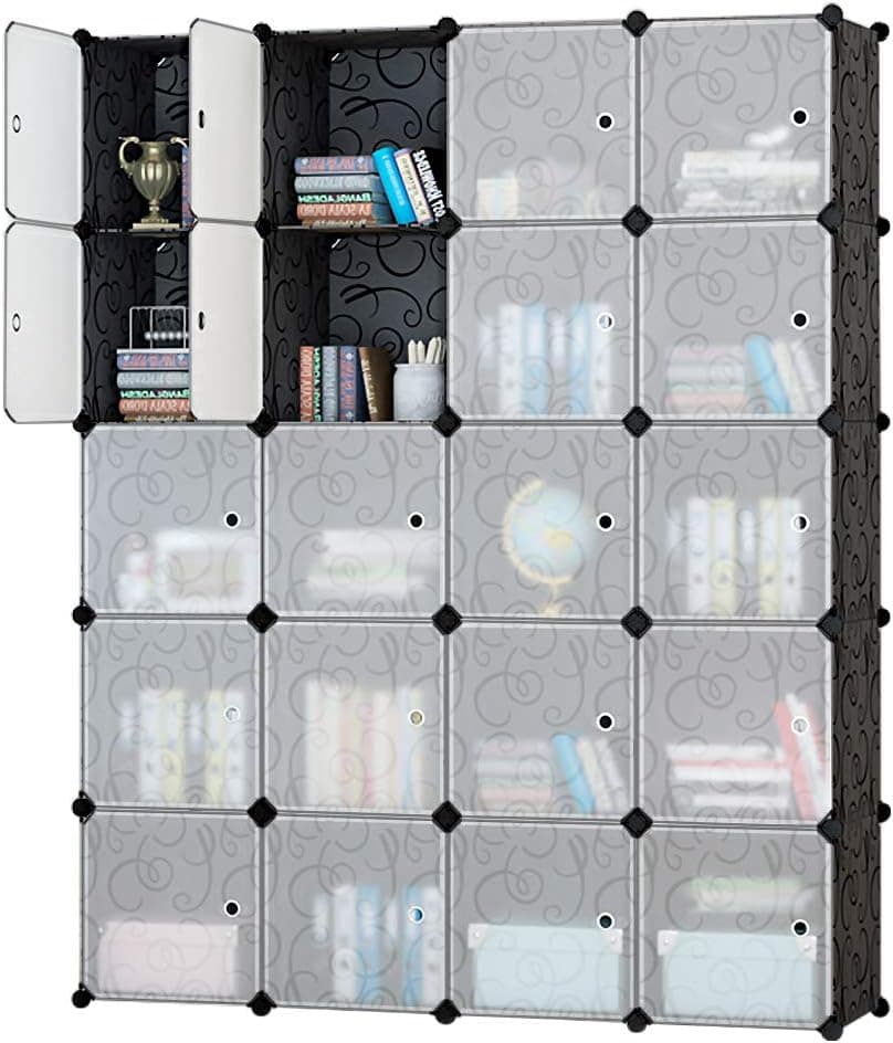 Honey Home Modular Storage Cube Closet Organizers, Portable Plastic DIY Wardrobes Cabinet Shelving with Easy Closed Doors for Bedroom/Office/Garage - 20 Cubes Black & White