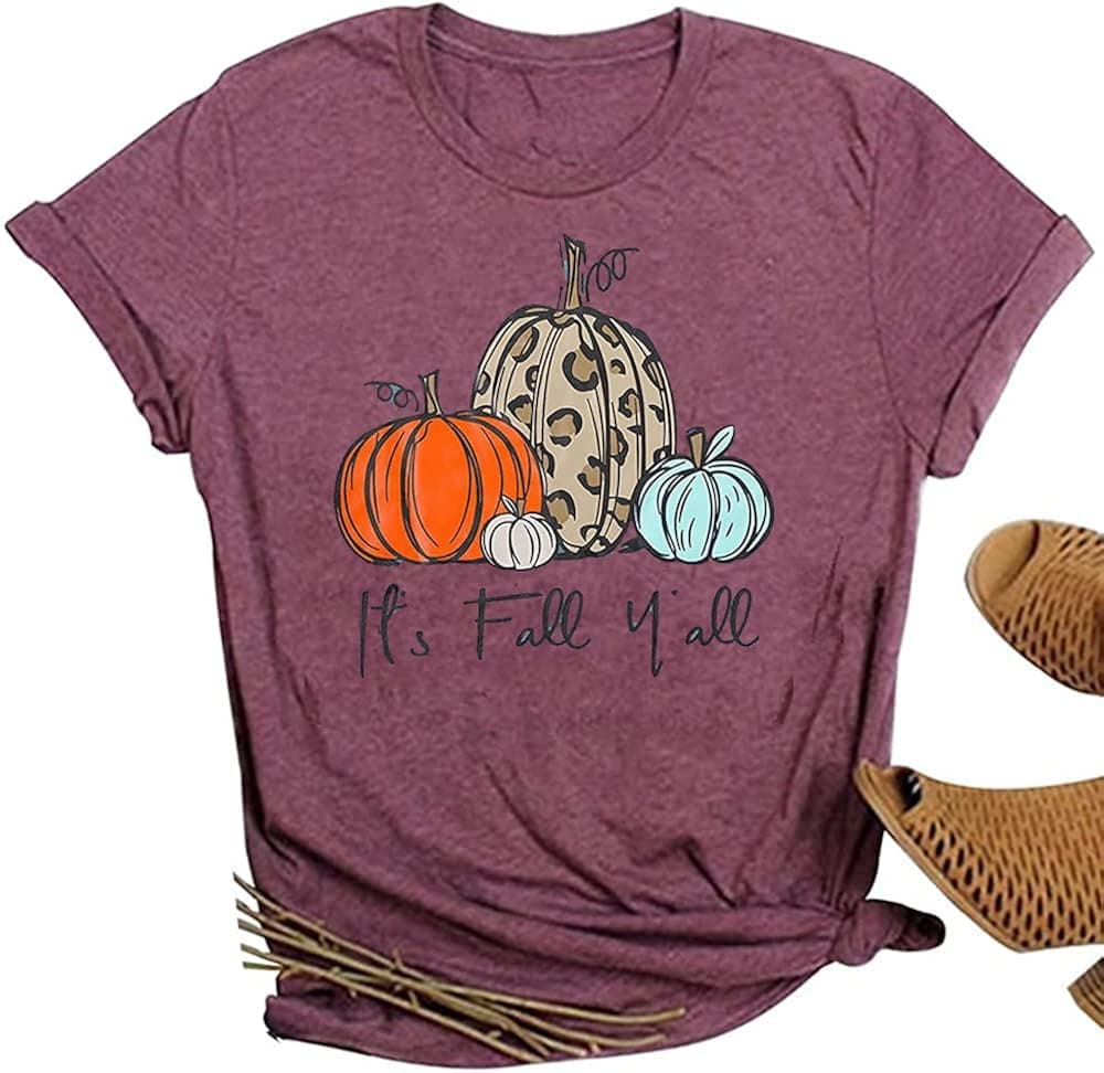 Woffccrd Womens Funny Leopard Pumpkin Printed Shirts Halloween Short Sleeve Graphic Tees Fall T-Shirts Tops