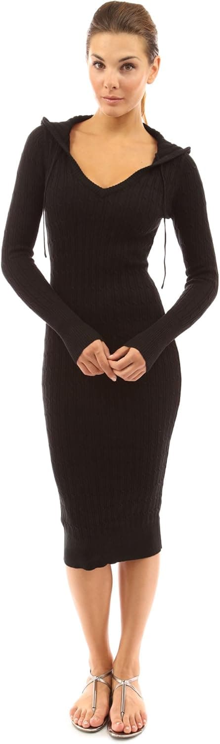 PattyBoutik Women's Hoodie Cable Knit Sweater Dress (Black S)