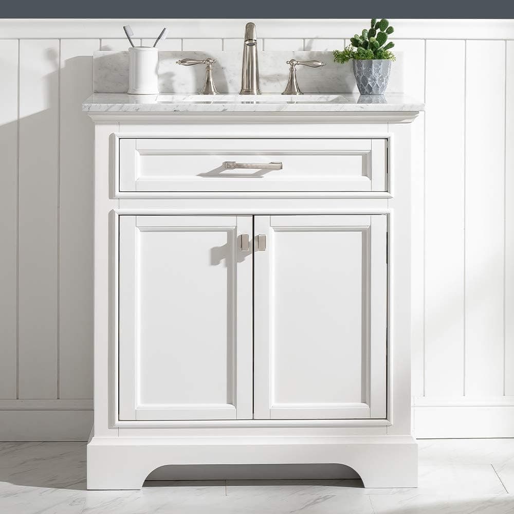 LUCA Kitchen & Bath LC36CLWW Geneva 36" Single Left Side Drawer Vanity Set in White with Carrara Marble Top, Sink, and Mirror