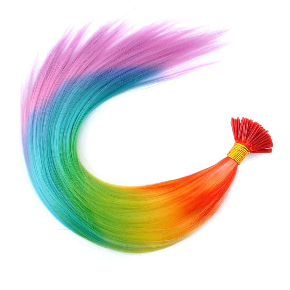 Beautywin 20'' Rainbow Colorful Synthetic Feather Grizzly I-Tip Hair Extensions (Pack of 100 Strands)