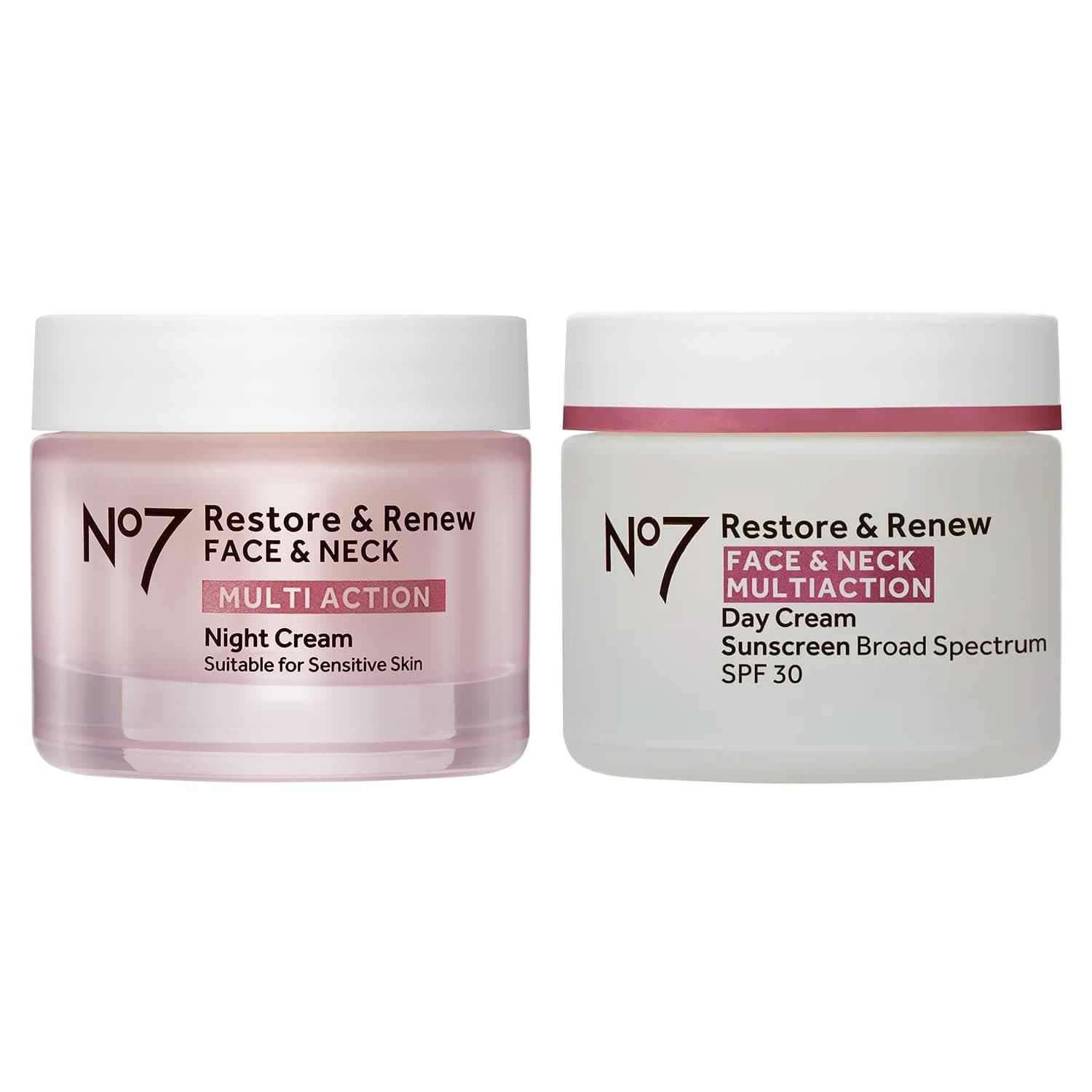 No7 Restore & Renew Day & Night Moisturizing Cream Bundle - Includes Multi Action Day Cream with SPF 30 and Multi Action Night Cream for Face and Neck - 2-Piece Bundle