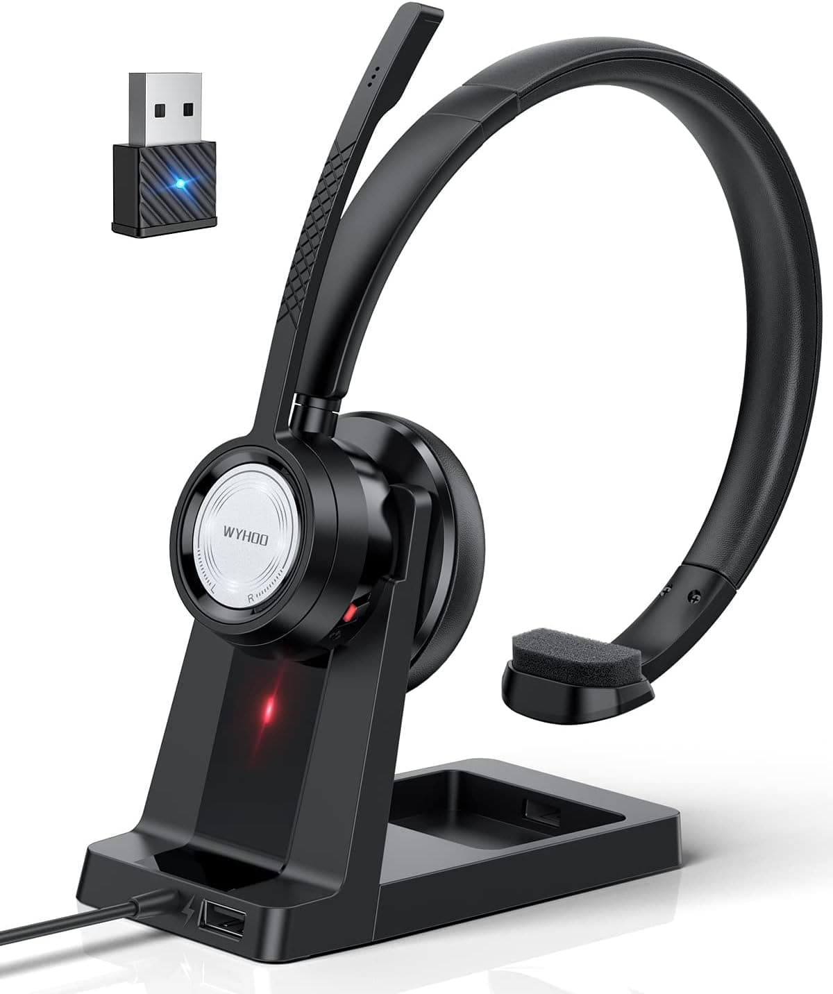 Bluetooth Headset Wireless Headset with Microphone Noise Canceling & Charging Stand, Superior Voice Pickup, AI-Enhanced Calls, Wireless Headphones with USB Dongle for Work Computer PC Call Center