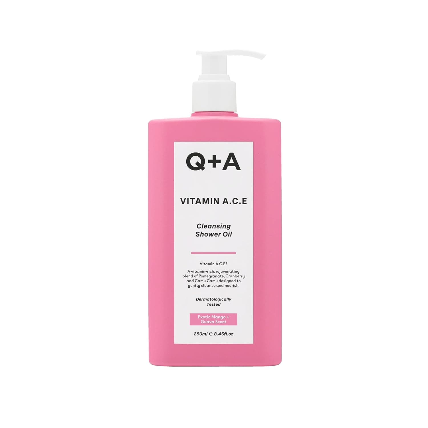 Q+A Vitamin A.C.E Cleansing Shower Oil, blend of vitamin-rich Fruit Extracts and Oils, plus a Superfood Complex supporting skin barrier whilst delivering an ultra-gentle cleanse, 250ml