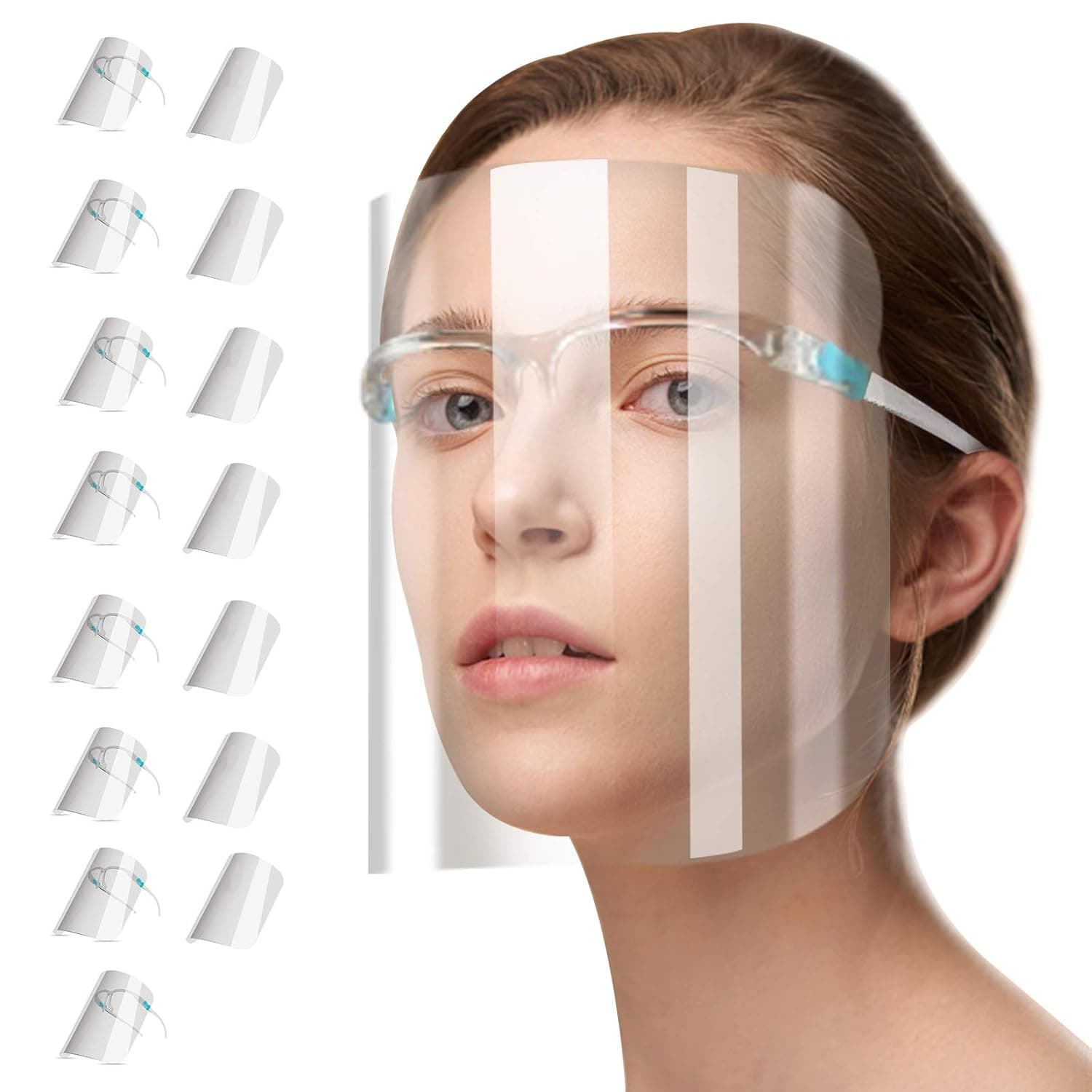 Clear Face Shields Reusable Set (15 Shields + 8 Glasses Frames) for Adult kids,Full Protection Plastic Face Shields with Glasses Ultra Clear Safety Goggle Visor