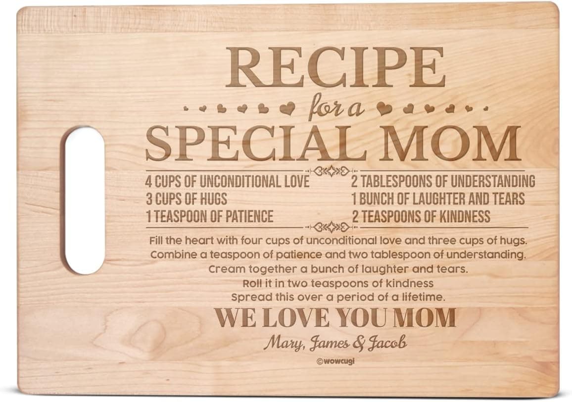 wowcugi Personalized Mom Cutting Board Recipe For A Special Mom Laser Engraved Maple Wooden Chopping Board Heart Poem Gift for Mom from Daughter Son Mother's Day Birthday Christmas Kitchen Decor