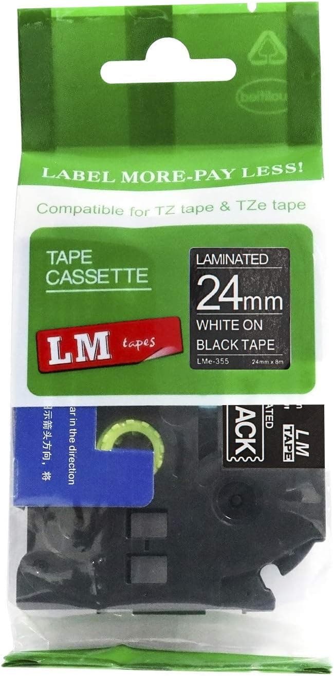 1/Pack LM Tapes - LMe355 Premium 1" White Print on Black Label Compatible with Brother TZe-355 P-Touch and Includes Tape Color/Size Guide. Replaces TZ-355 24mm 0.94 Laminated Ptouch.