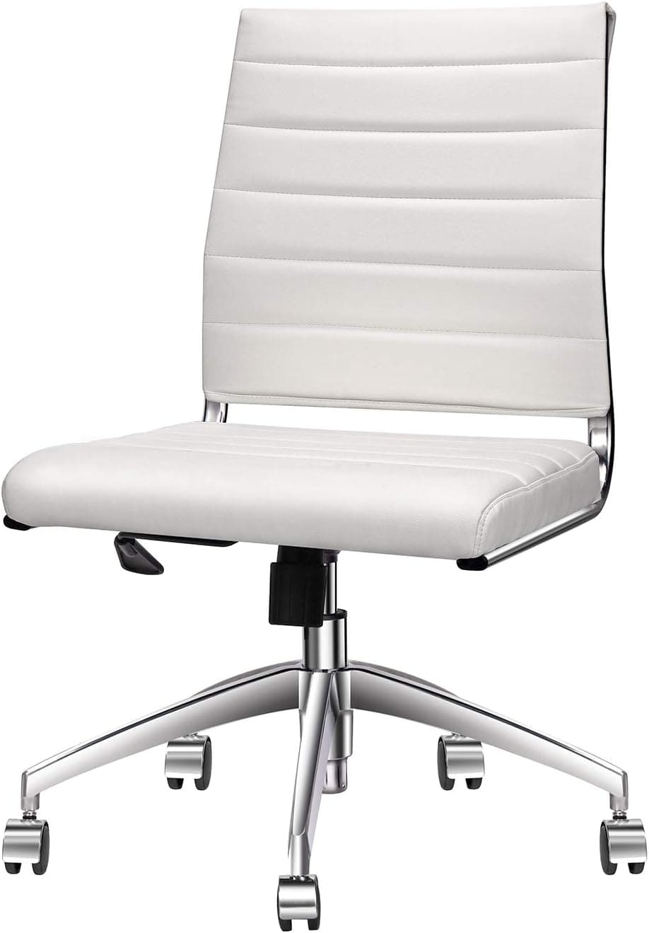 Armless Office Chair with Mid Back, White Adjustable Swivel Chair in Durable Vegan Leather, Ergonomic Desk Chair for Extra Back & Lumbar Support – White
