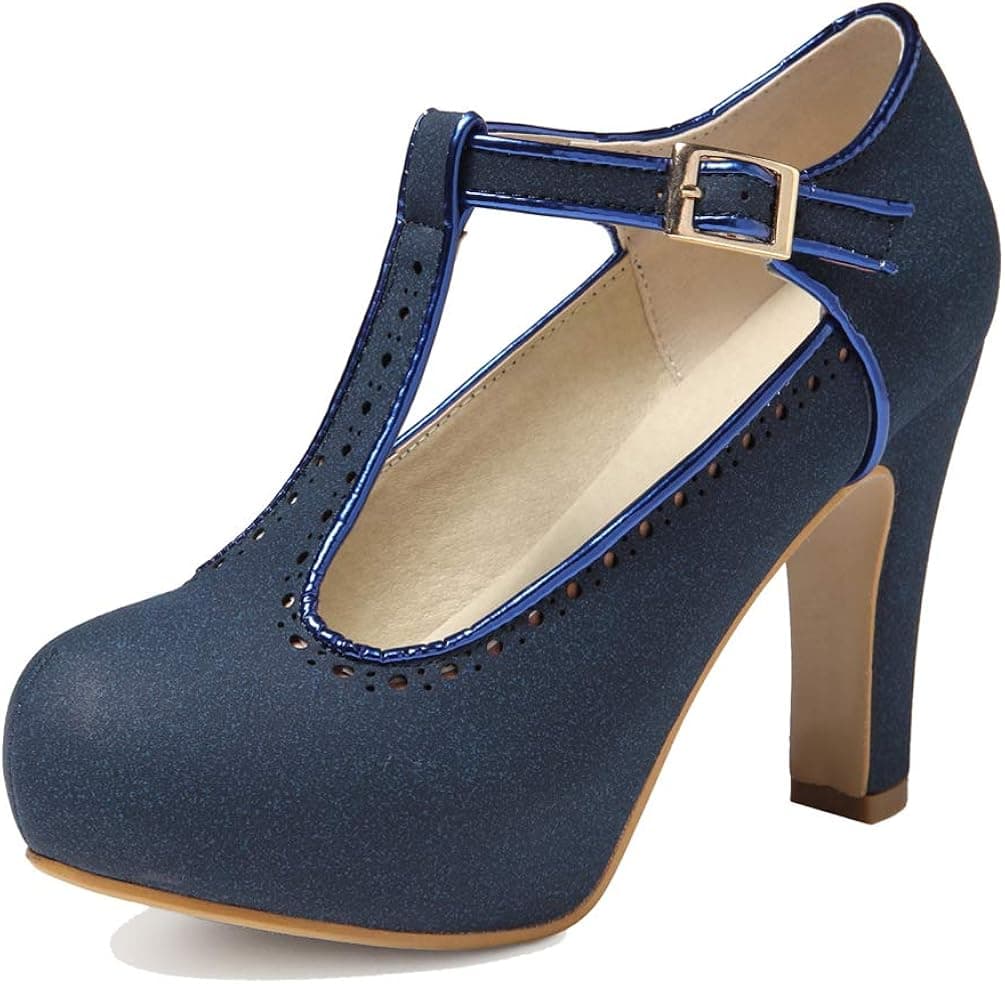 getmorebeauty Women's Vintage Retro Ankle T Strappy Buckle High Heel Shoes Round Toe Pumps
