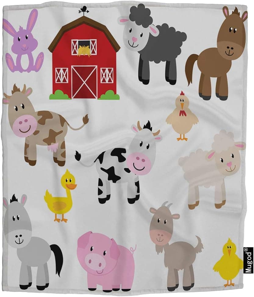 Mugod Farm Animals and Barn Blanket Goat Lamb Chick Horse Cow Donkey Duck Rabbit Pig Fuzzy Soft Cozy Warm Flannel Throw Blankets Decorative for Boys Girls Toddler Baby Dog Cat 40X50 Inch