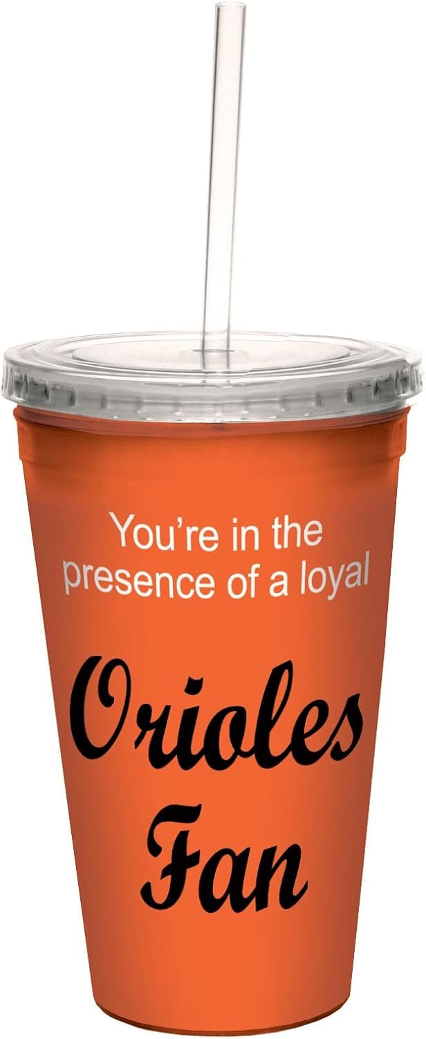 Tree-Free Greetings Orioles Baseball Fan Artful Traveler Double-Walled Cool Cup with Reusable Straw, 16-Ounce