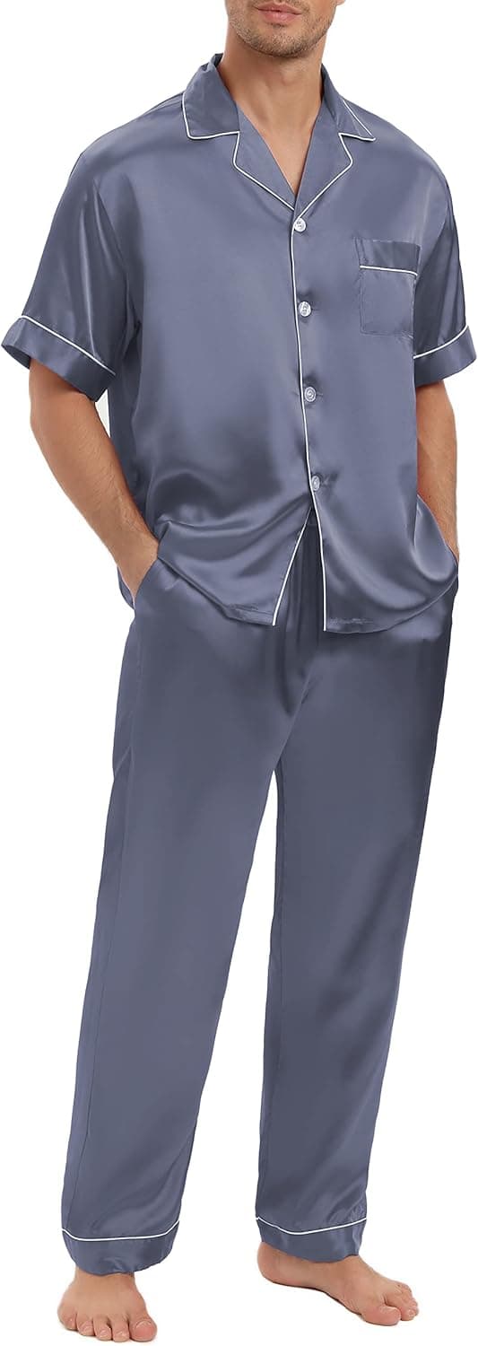 AUECK Men's Pajamas Set Silk Satin Loungewear Short Sleeve Sleepwear Soft Button Down Pjs Sets for Men Silky Classic Sleepwear with Pockets(Grey,Large)