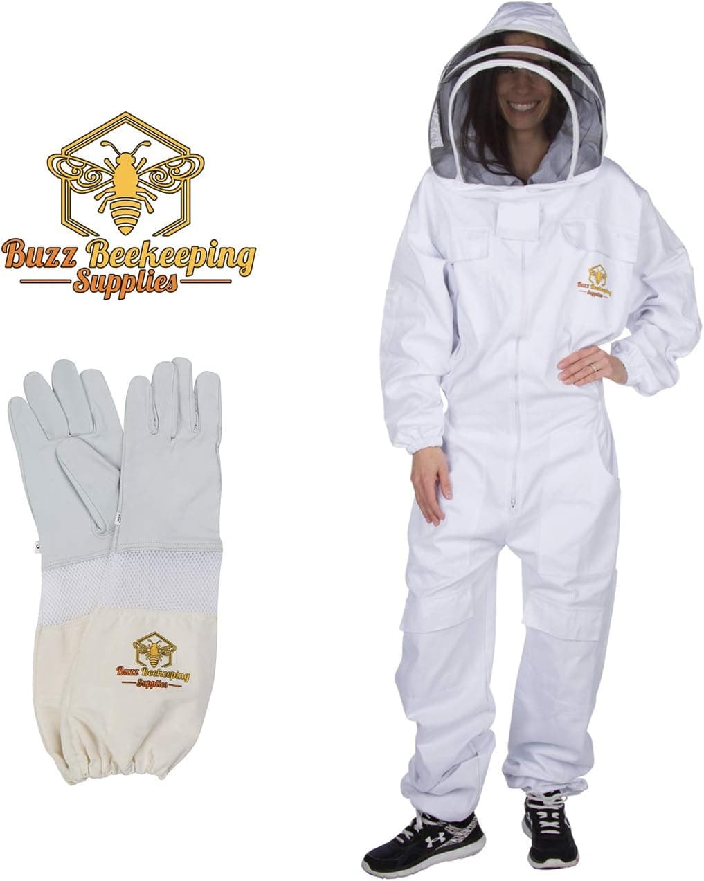Professional Beekeeping Suit and Goatskin Gloves (1 Pair) Self-Supporting Fencing Veil and Heavy Duty YKK Metal Zippers for Bee Keepers Easily Take On and Off - Small