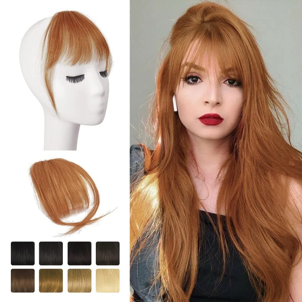 Clip in Bangs, BARSDAR 100% Human Hair Bangs Extensions French Bangs Air Bangs Neat Bangs with Temples Clip on Fringe Bangs Real Hair for Women Natural Color Washable/Dyeable(Air-Medium Auburn)