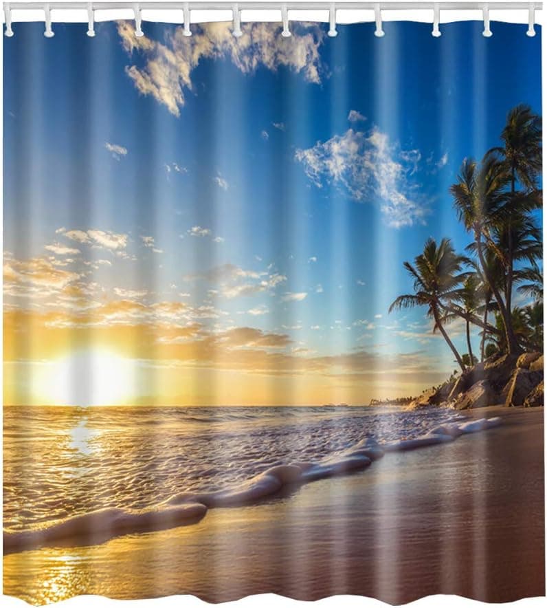 Artown Sunset Beach Shower Curtain Set, Tropics Palm Trees Ocean Sunrise Sunny Holiday Seascape Watercolor Decor Picture Printing, Water Resistant Fabric Bathroom Accessories, 72" W x 72" H