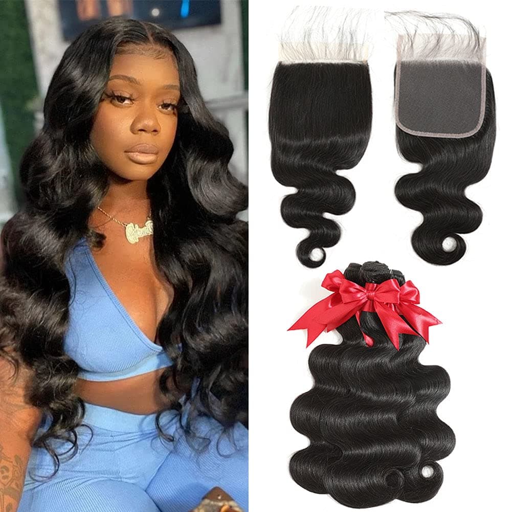 10A Brazilian Human Hair Body Wave 3 Bundles with Closure (24 26 28+20) Unprocessed Virgin Hair Body Wave Human Hair with Lace Closure 4x4 Free Part Natural Black Hair (24 26 28+20)