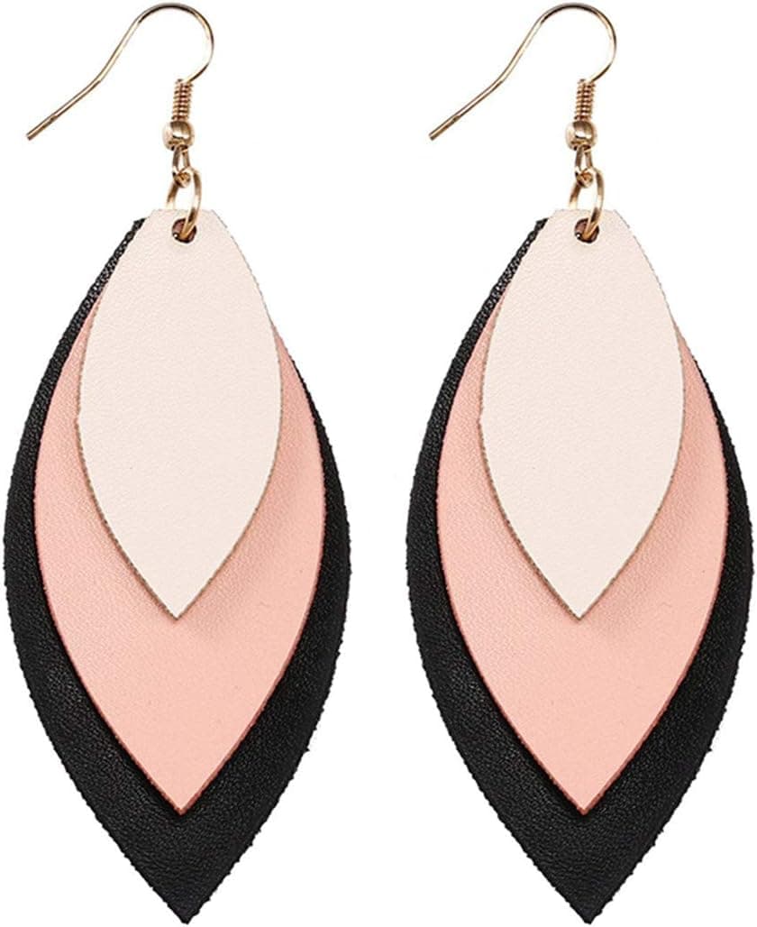 CH01 Leather Earrings,Dangle Earrings for Women Fahion,Lightweight Teardrop Leaf Handmade Womens Earrings Jewelry for Birthday/Party/Valentine/Christmas Gifts Black Pink
